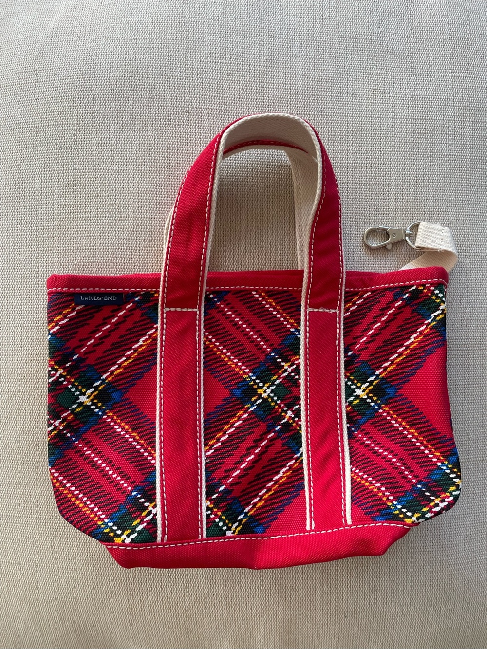 Lands' End Small Red Plaid Canvas Tote Bag
